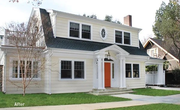 Pitzer Project by HartmanBaldwin - Hartman Baldwin After image of exterior of house with cream walls, white trim, and orange front door.