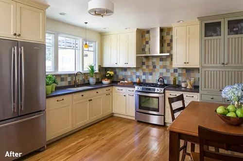 Kitchen remodel featuring wood floors, stainless steel appliances, and multi color backsplash.