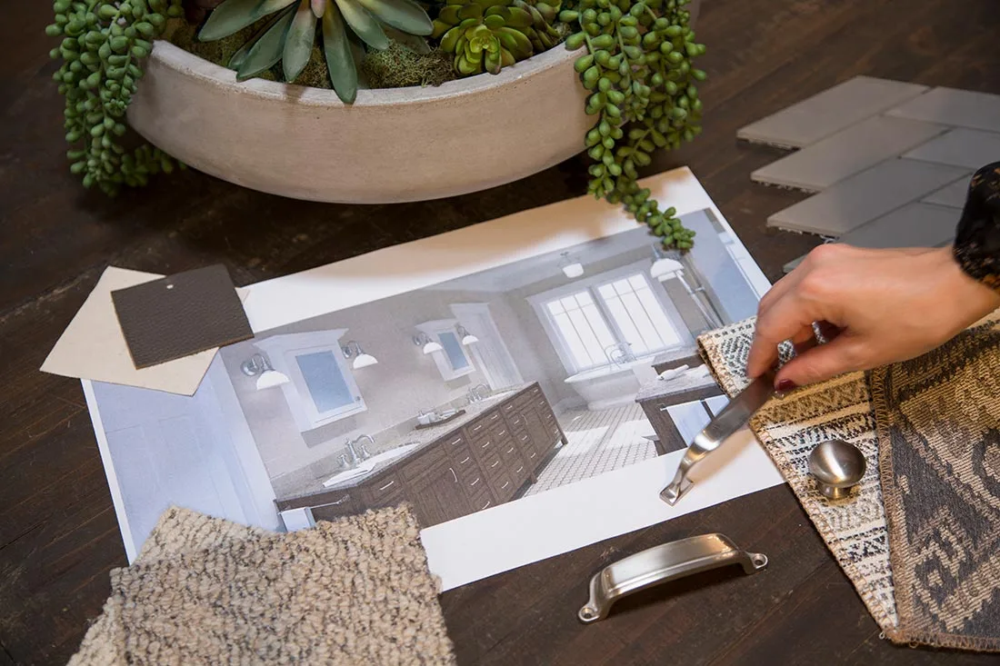 HartmanBaldwin Design Services - Hartman Baldwin Architectural render of bathroom and selection of carpets, cloths, and cabinet fixtures.