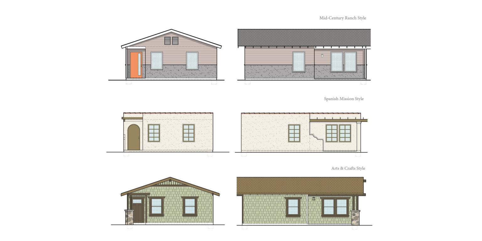 Accessory Dwelling Unit (ADU) exterior elevation plans for Mid-Century Ranch style home, Spanish-Mission style home, and Arts and Crafts (Craftsman) style home