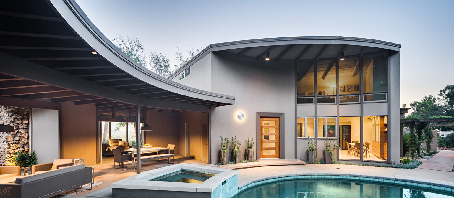 Unique circular Mid-Century Modern home, pool, and patio remodel