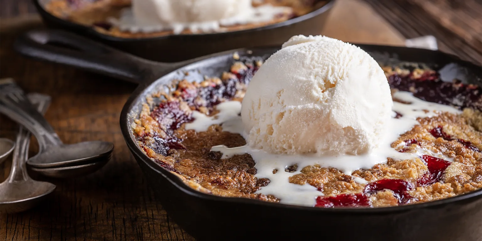 Cherry cobbler with vanilla ice cream in cast-iron pan