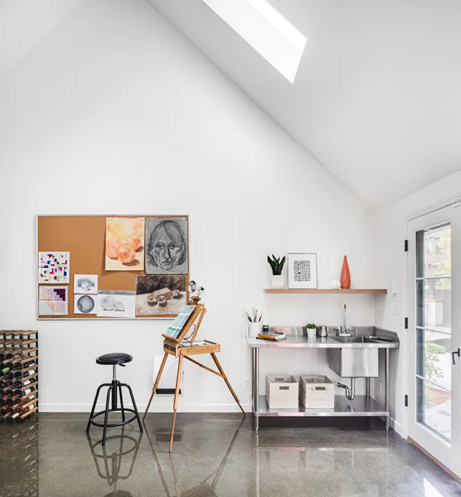Luxury art studio interior design from English cottage style home remodel in Southern California