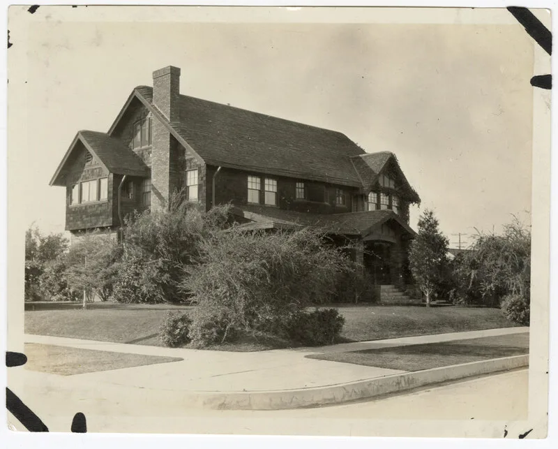 Jack Miller Collection Oxnard Henry Levy House - Hartman Baldwin Old sepia-toned photograph of the Henry Levy House, a large Craftsman-style home in Oxnard, California