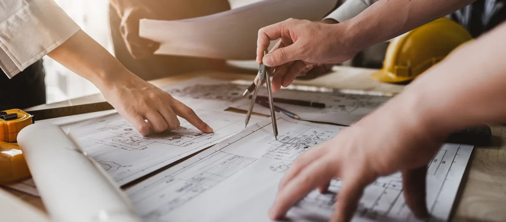 Collaborating on Architectural Plans - Hartman Baldwin Architect team working with blueprints for architectural plan, engineer sketching a construction project