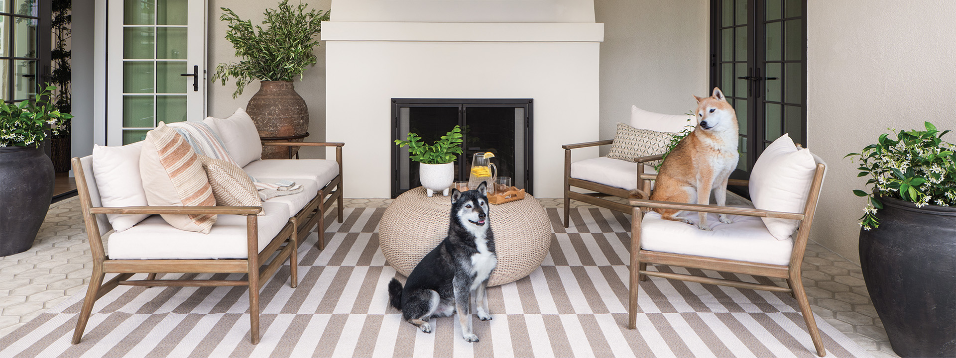 California room patio with fireplace, TV, and patio furniture with two Shiba Inu dogs