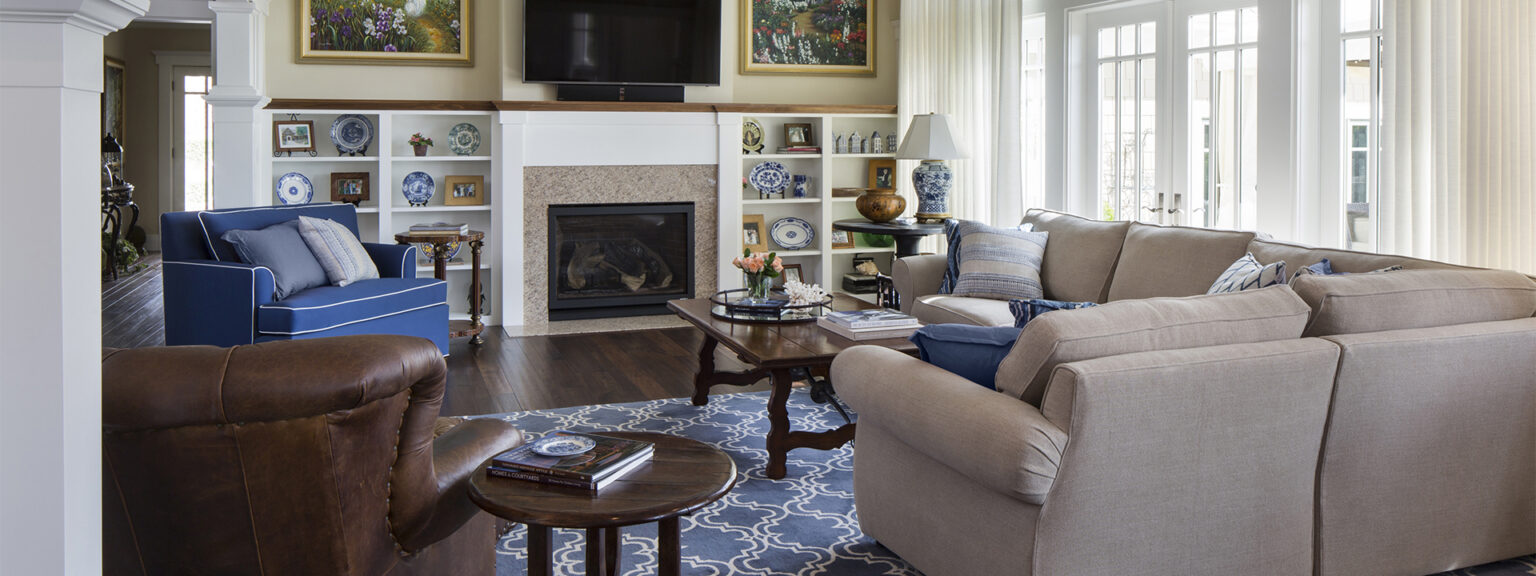 Hampton's style new custom home in a high-fire zone living room interior design