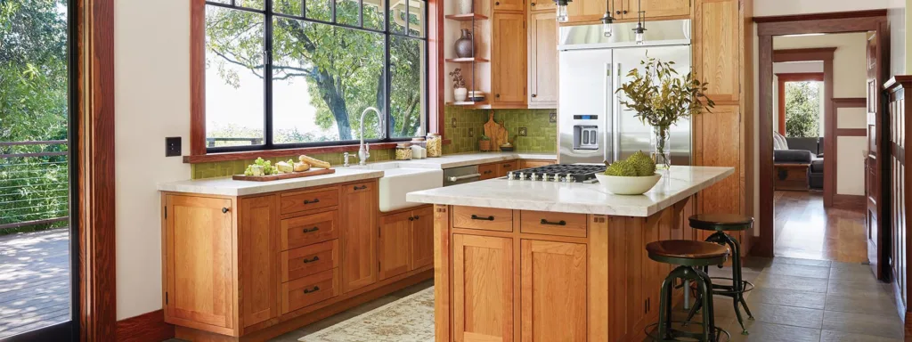 HartmanBaldwin Mira Monte Residence Craftsman Remodel Kitchen - Hartman Baldwin Remodeled Craftsman-style kitchen with light stained wood cabinetry, green tile backsplash, light stone countertops, and a large window above the sink