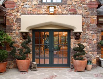 HartmanBaldwin Pomello Residence Guest House Front Room French door front entrance of English Tudor-style ADU guest house